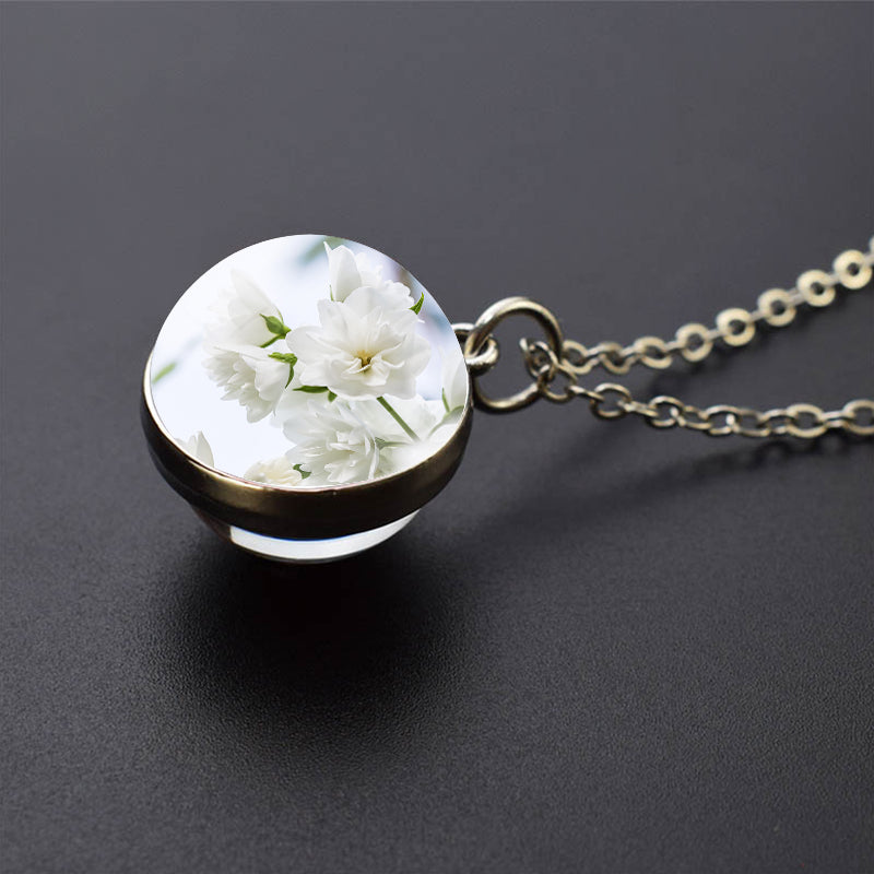 Unique Romantic Flowers Silver Necklace - Beautiful blooming flowers Jewelry - Double Side Glass Ball Pendent Necklace - Perfect Lovers Gift 6