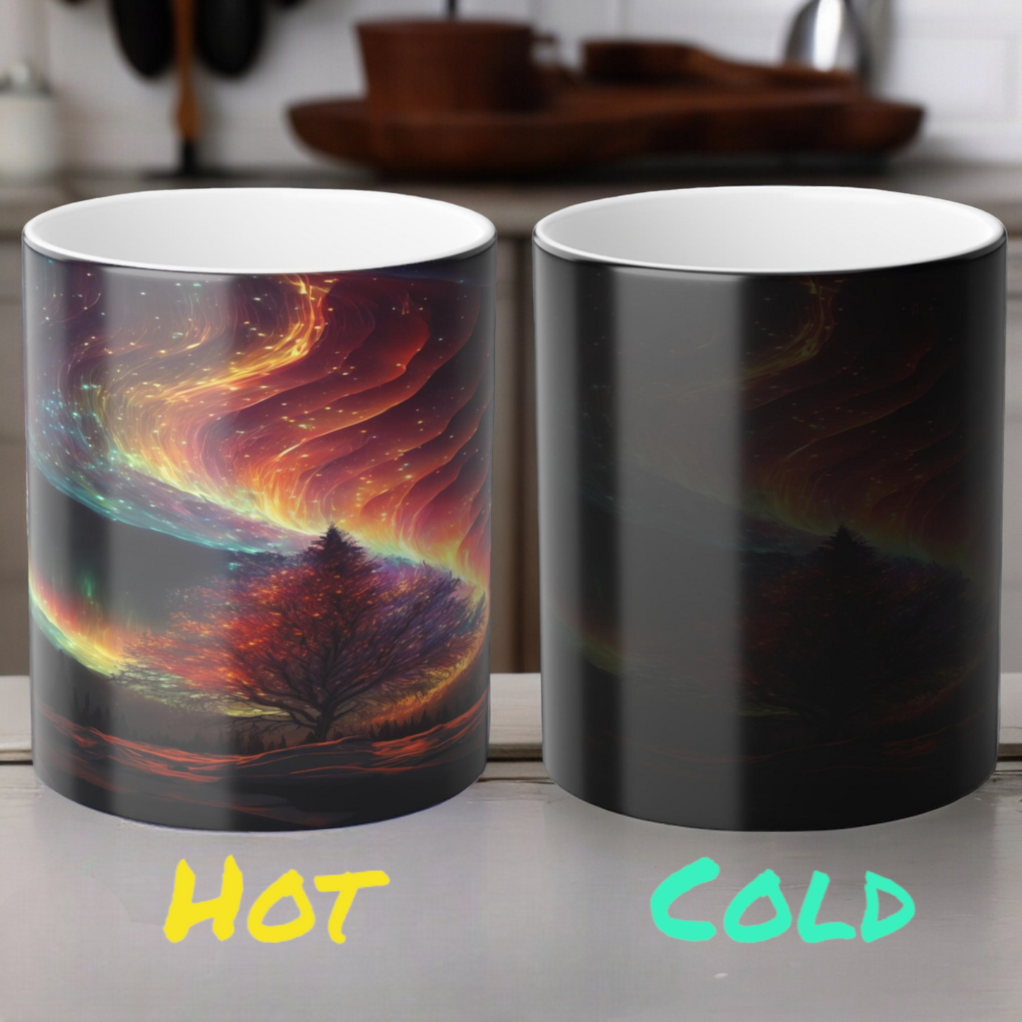 Töfrandi Aurora Borealis hitanæm mál - Northern Lights Magic Color Morphing Mug 11oz - Heat Reactive Night Sky Kaffibolli - Fullkomin gjöf fyrir náttúruunnendur