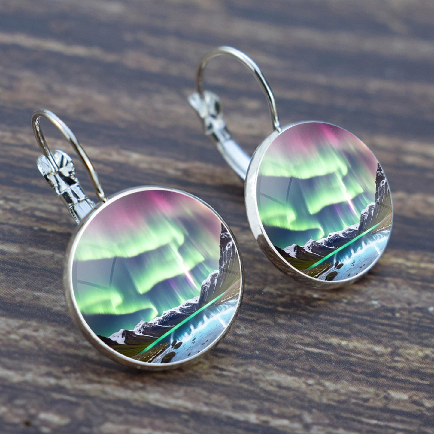 Luminous Aurora Borealis Hook Earrings - Northern Lights Jewelry - Unique Glass Cabochon Drop Earrings - Perfect Aurora Lovers Gift