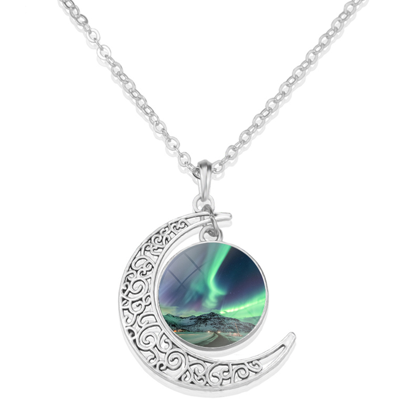 Unique Aurora Borealis Crescent Necklace - Northern Light Jewelry - Crescent Glass Cabochon Pendent Necklace - Perfect Aurora Lovers Gift 5