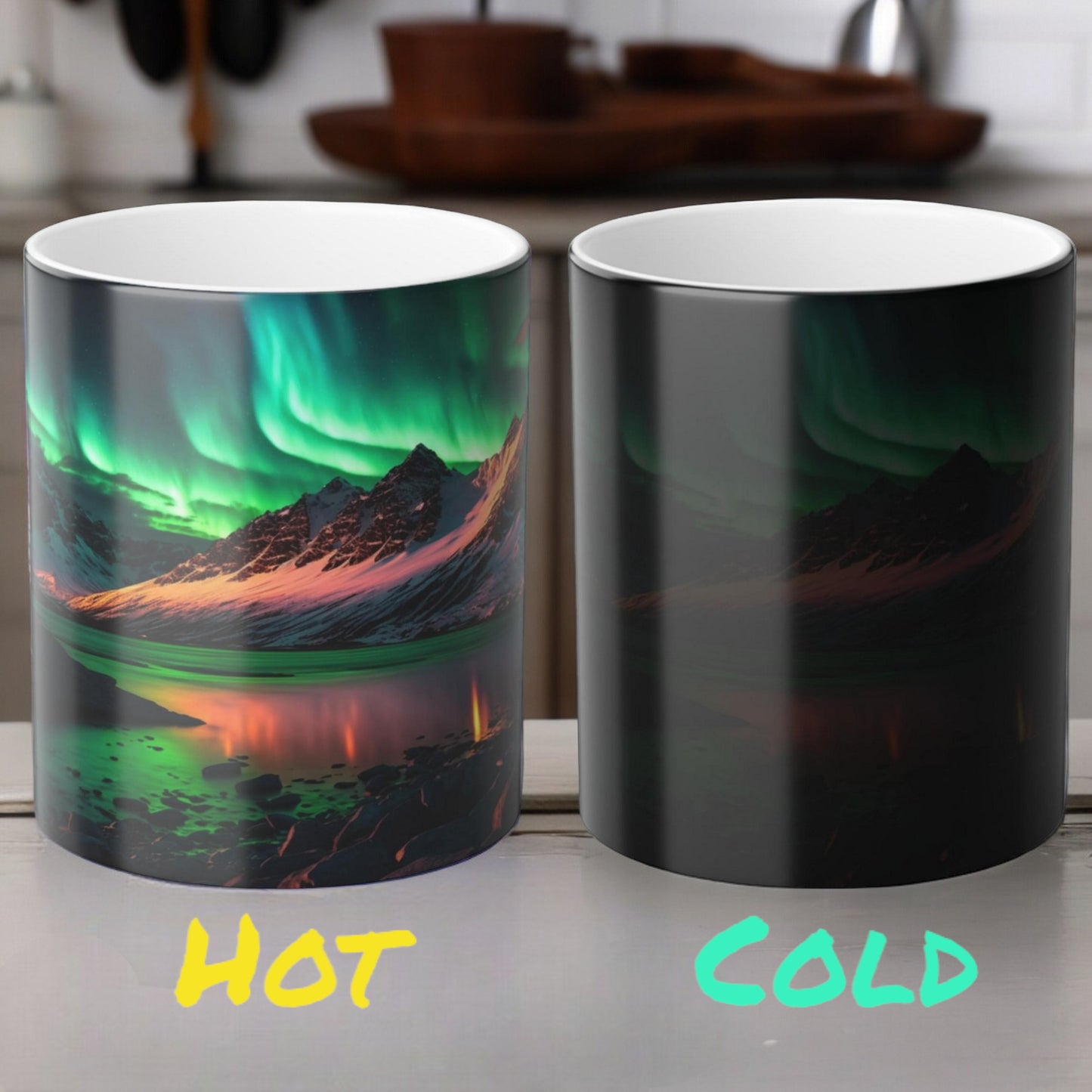 Fortryllende Aurora Borealis varmefølsomt krus - Northern Lights Magic Color Morphing-krus 11 oz - Heat Reactive Night Sky Coffee Cup - Perfekt gave til naturelskere