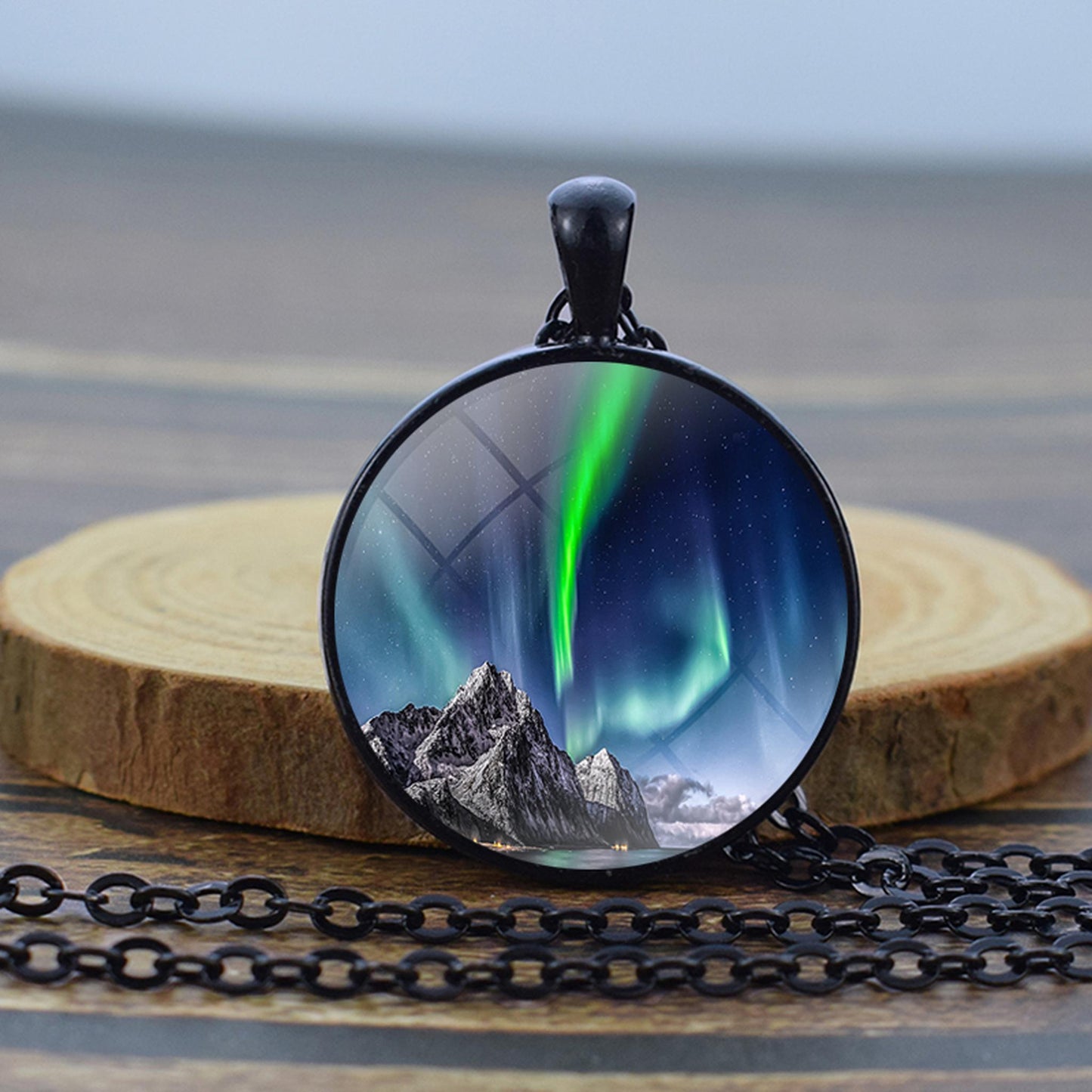 Luminous Aurora Borealis Black Necklace - Northern Light Jewelry - Unique Glass Dome Pendent Necklace - Perfect Aurora Lovers Gift