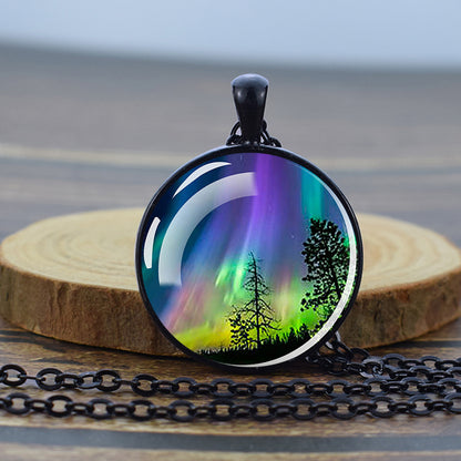 Luminous Aurora Borealis Black Necklace - Northern Light Jewelry - Unique Glass Dome Pendent Necklace - Perfect Aurora Lovers Gift