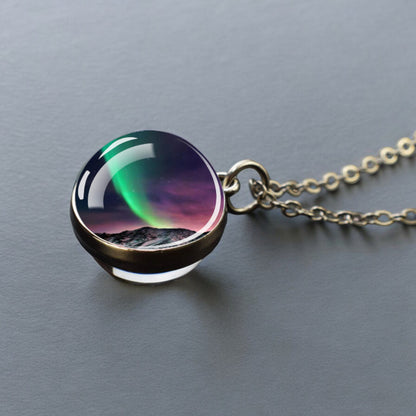 Luminous Aurora Borealis Silver Necklace- Northern Light Jewelry - Unique Double Side Glass Ball Pendent Necklace - Perfect Aurora Lovers Gift