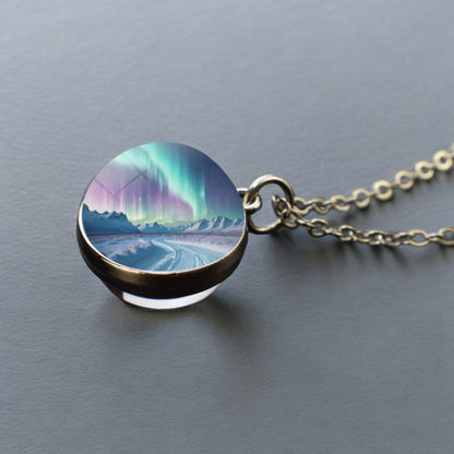 Luminous Aurora Borealis Silver Necklace- Northern Light Jewelry - Unique Double Side Glass Ball Pendent Necklace - Perfect Aurora Lovers Gift