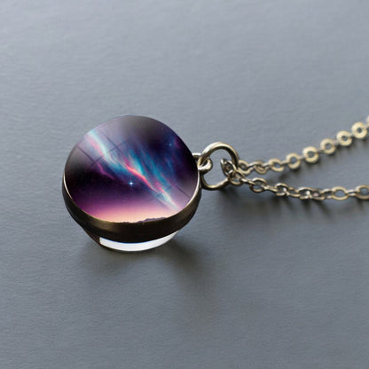 Luminous Aurora Borealis Silver Necklace- Northern Light Jewelry - Unique Double Side Glass Ball Pendent Necklace - Perfect Aurora Lovers Gift