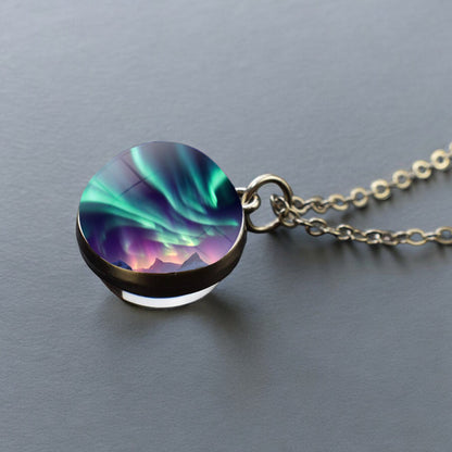 Luminous Aurora Borealis Silver Necklace- Northern Light Jewelry - Unique Double Side Glass Ball Pendent Necklace - Perfect Aurora Lovers Gift