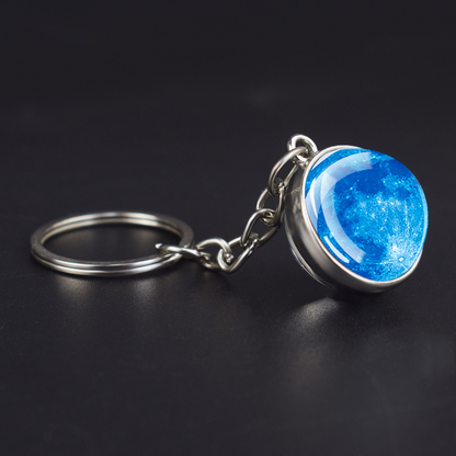 Luminous Full Crescent Moon Keyring - Night Starry Sky Jewelry - Double Side Glass Ball Key Chain - Perfect Moon Lovers Gift