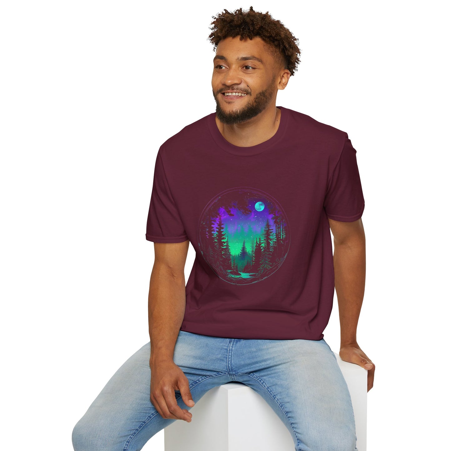 Aurora Borealis Unisex Softstyle T-Shirt - Gildan 64000 - Northern Lights Arctic Magical Night Starry Sky Moon Forest River Nature Adventure - Autumn Fall T-shirt - Aurora Gift