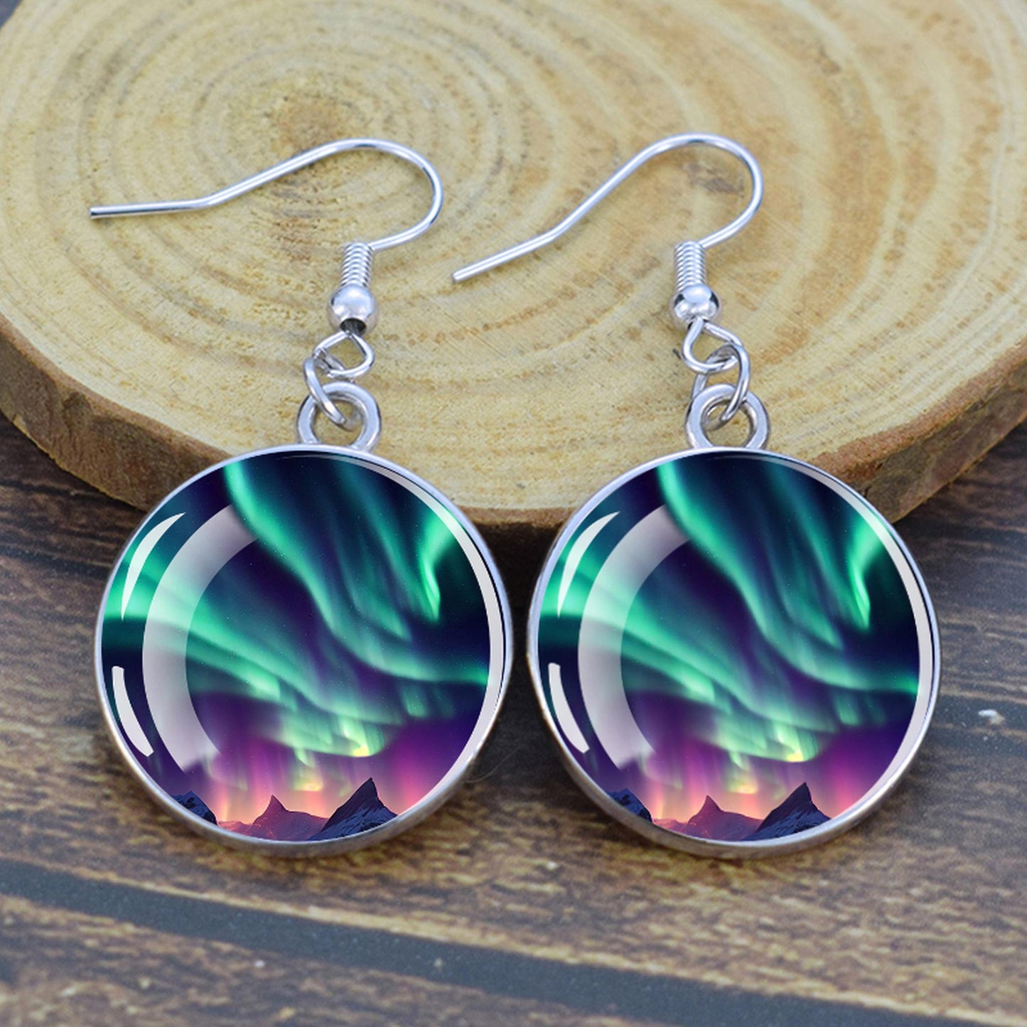 Gaismas Aurora Borealis Drop Auskari - Ziemeļblāzmas rotaslietas - Unikāli stikla Cabochon Dangle Auskari - Perfekta Aurora Lovers dāvana