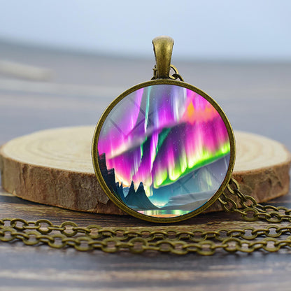 Luminous Aurora Borealis Bronze Necklace - Northern Light Jewelry - Unique Glass Dome Pendent Necklace - Perfect Aurora Lovers Gift