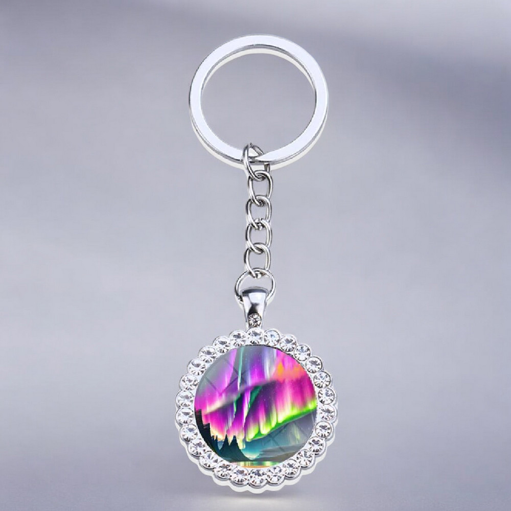 Luminous Aurora Borealis Silver Keyring - Northern Light Jewelry - Rhinestones Glass Key Chain - Perfect Aurora Lovers Gift