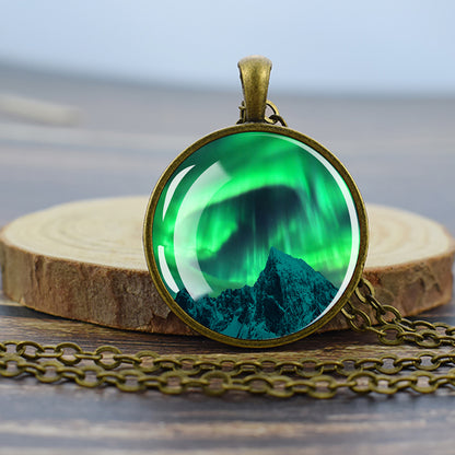 Luminous Aurora Borealis Bronze Necklace - Northern Light Jewelry - Unique Glass Dome Pendent Necklace - Perfect Aurora Lovers Gift