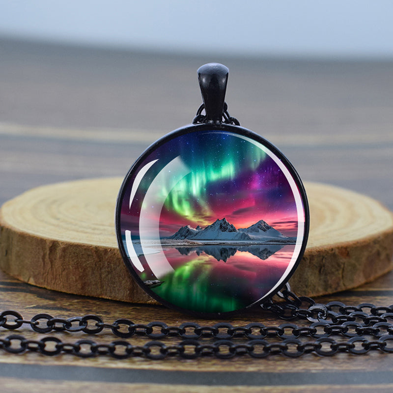 Luminous Aurora Borealis Black Necklace - Northern Light Jewelry - Unique Glass Dome Pendent Necklace - Perfect Aurora Lovers Gift