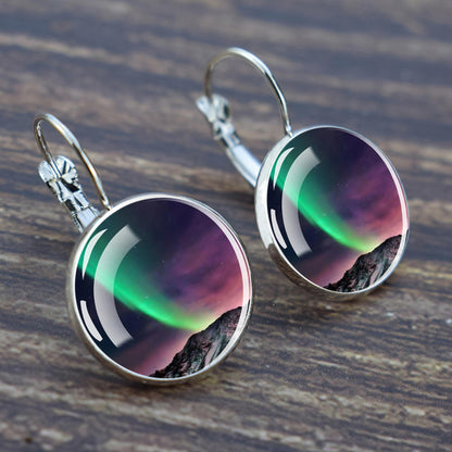 Luminous Aurora Borealis Hook Earrings - Northern Lights Jewelry - Unique Glass Cabochon Drop Earrings - Perfect Aurora Lovers Gift