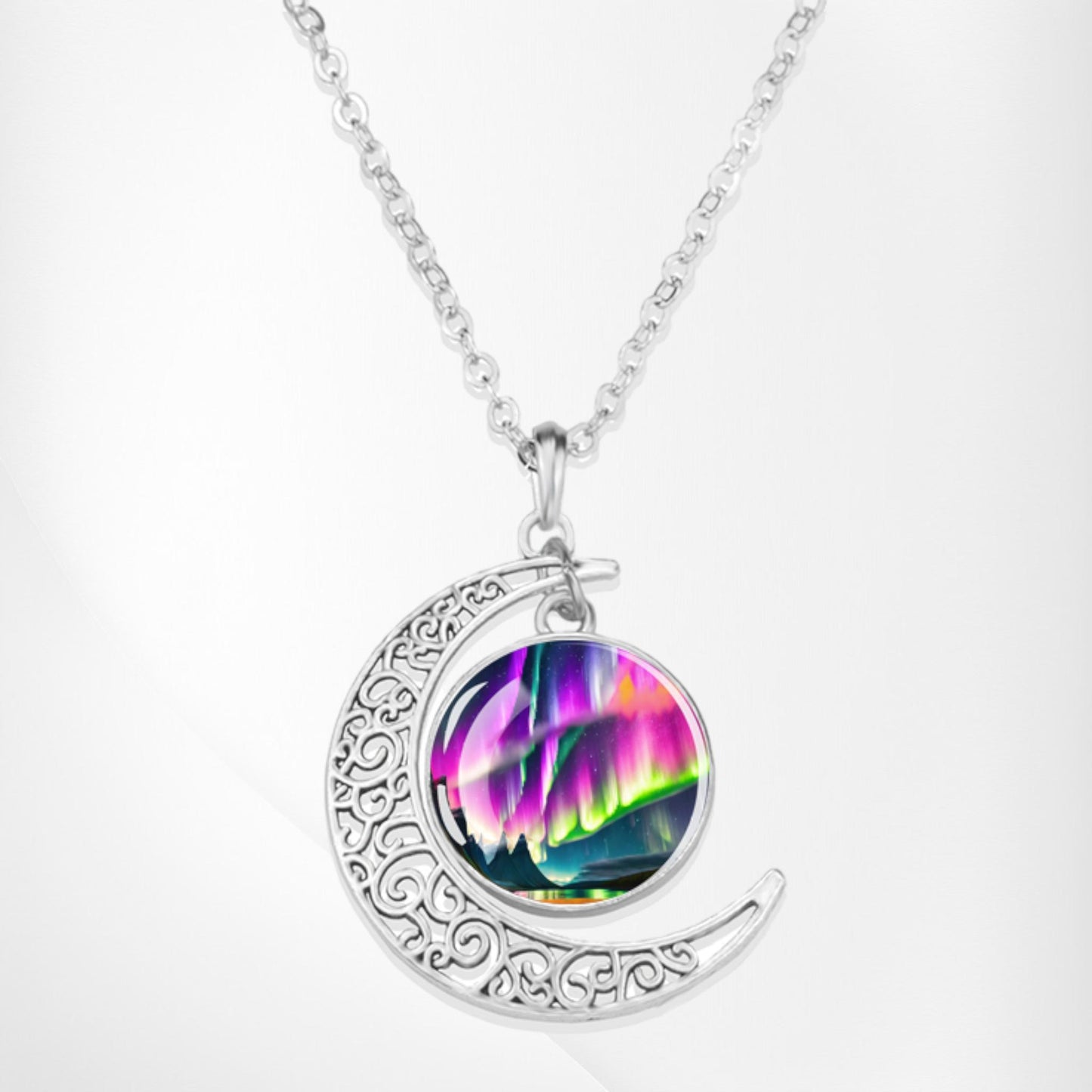 Luminous Aurora Borealis Crescent Necklace- Northern Light Jewelry - Unique Crescent Glass Cabochon Pendent Necklace - Perfect Aurora Lovers Gift