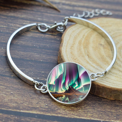 Luminous Aurora Borealis Bangle Bransoletka-Biżuteria zorzy polarnej-Unikalna szklana kaboszonowa posrebrzana bransoletka-Idealny prezent dla miłośników Aurory