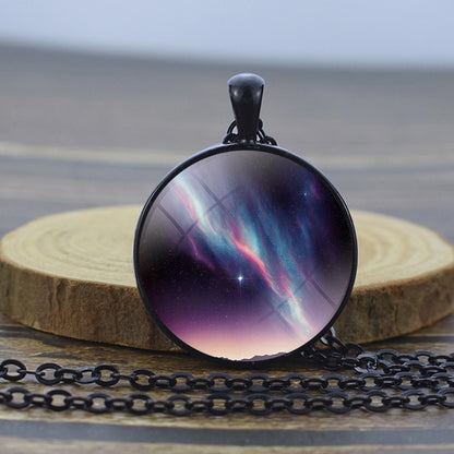 Luminous Aurora Borealis Black Necklace - Northern Light Jewelry - Unique Glass Dome Pendent Necklace - Perfect Aurora Lovers Gift