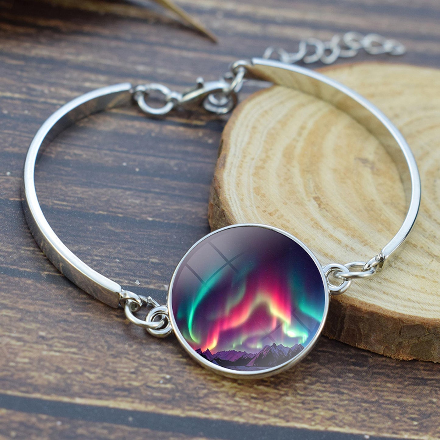 Luminous Aurora Borealis Bangle Bracelet - Northern Light Jewelry - Unique Glass Cabochon Silver Plated Bracelet - Perfect Aurora Lovers Gift