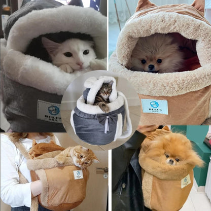 Furry Wanderlust Haven - Cozy Winter Pet Carrier Backpack for Small Cats and Dogs - Plush Comfort, Stylish Outdoor Adventures, and Convenient Chest-Hanging Design
