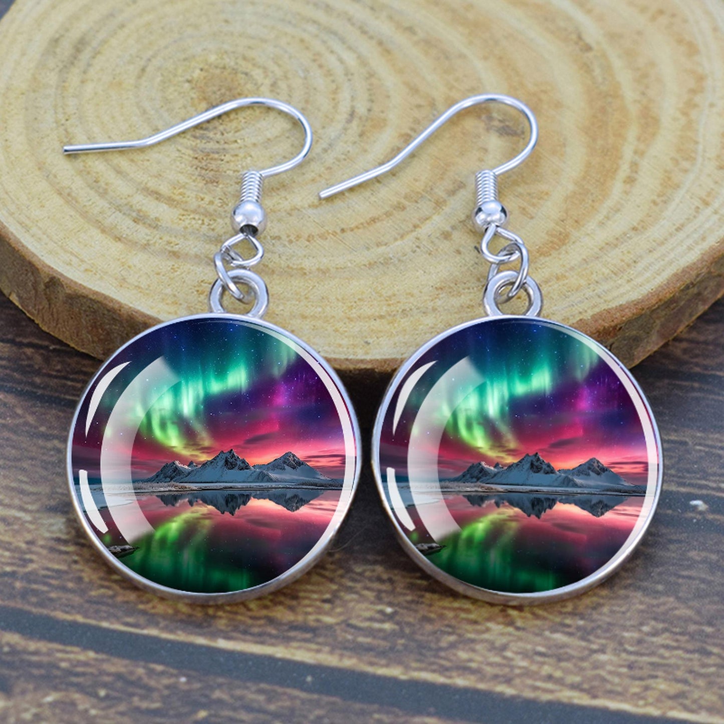 Lýsandi Aurora Borealis dropaeyrnalokkar - Northern Lights Skartgripir - Einstakir Cabochon Dangle eyrnalokkar úr gleri - Fullkomin Aurora Lovers gjöf