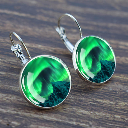 Luminous Aurora Borealis Hook Earrings - Northern Lights Jewelry - Unique Glass Cabochon Drop Earrings - Perfect Aurora Lovers Gift