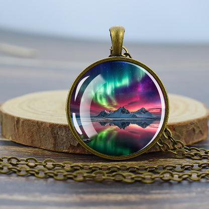 Luminous Aurora Borealis Bronze Necklace - Northern Light Jewelry - Unique Glass Dome Pendent Necklace - Perfect Aurora Lovers Gift