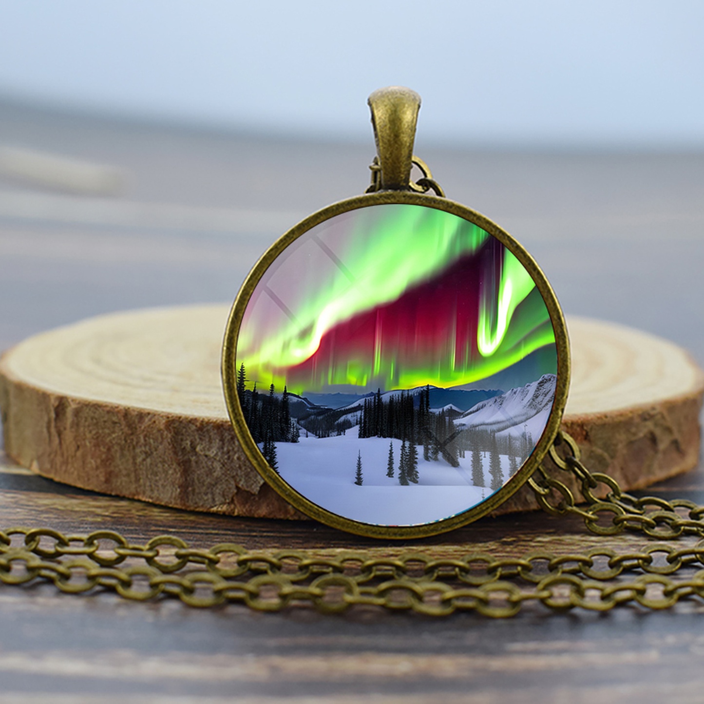 Unique Aurora Borealis Bronze Necklace - Northern Light Jewelry - Glass Dome Pendent Necklace - Perfect Aurora Lovers Gift 9