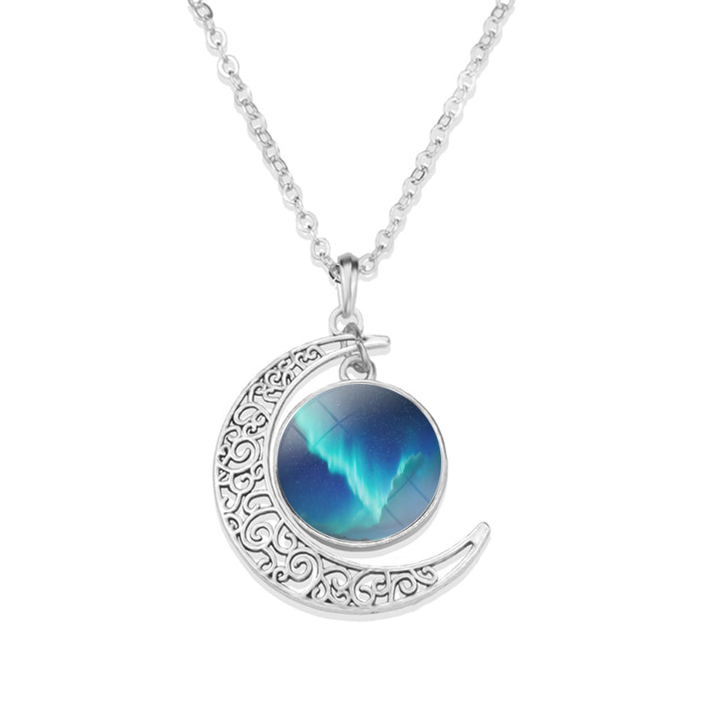 Unique Aurora Borealis Crescent Necklace - Northern Light Jewelry - Crescent Glass Cabochon Pendent Necklace - Perfect Aurora Lovers Gift 31