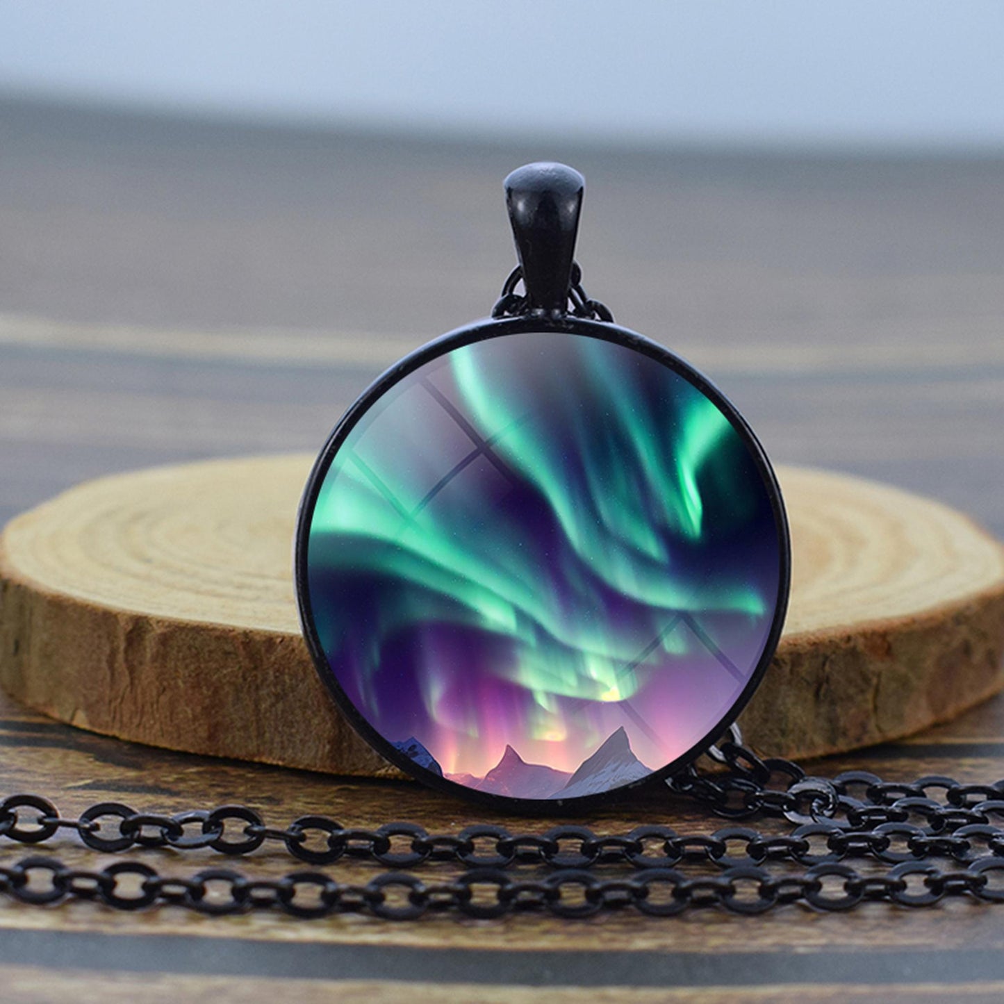 Luminous Aurora Borealis Black Necklace - Northern Light Jewelry - Unique Glass Dome Pendent Necklace - Perfect Aurora Lovers Gift