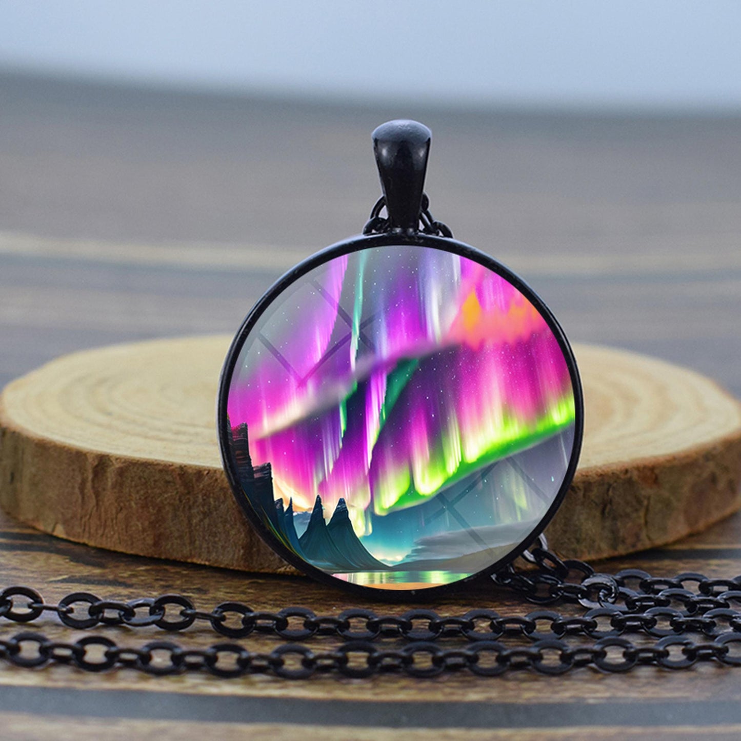 Luminous Aurora Borealis Black Necklace - Northern Light Jewelry - Unique Glass Dome Pendent Necklace - Perfect Aurora Lovers Gift