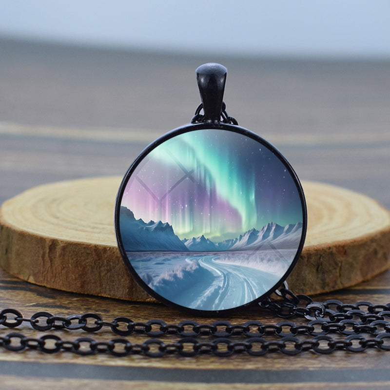 Luminous Aurora Borealis Black Necklace - Northern Light Jewelry - Unique Glass Dome Pendent Necklace - Perfect Aurora Lovers Gift