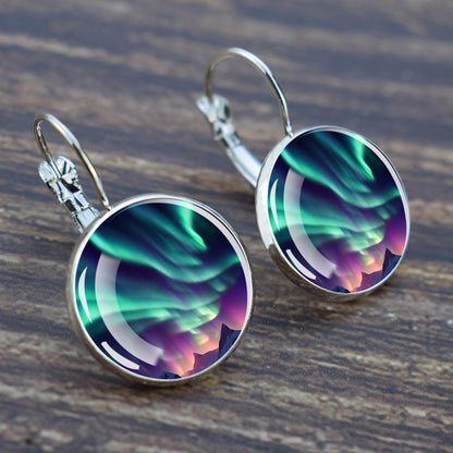 Luminous Aurora Borealis Hook Earrings - Northern Lights Jewelry - Unique Glass Cabochon Drop Earrings - Perfect Aurora Lovers Gift