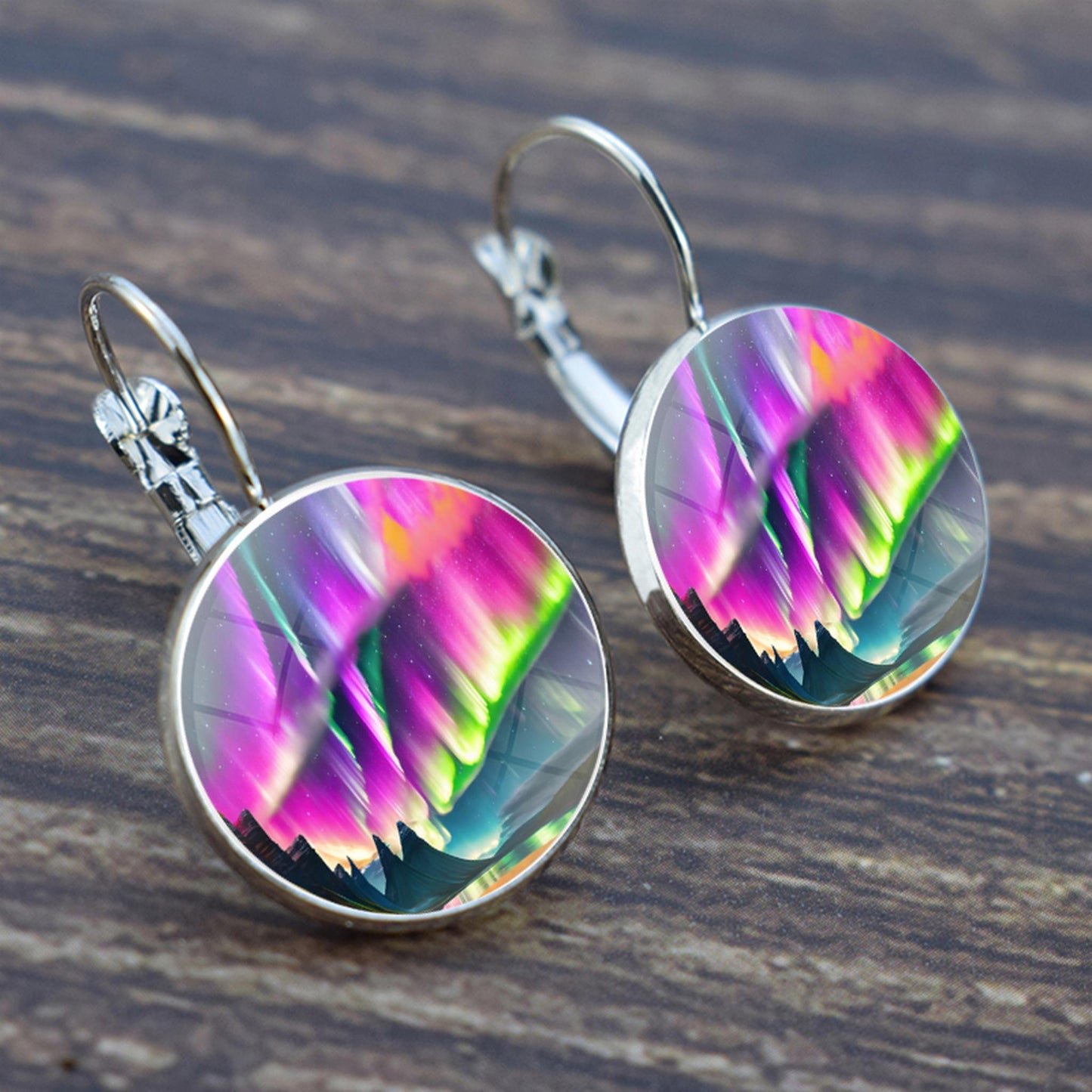 Luminous Aurora Borealis Hook Earrings - Northern Lights Jewelry - Unique Glass Cabochon Drop Earrings - Perfect Aurora Lovers Gift