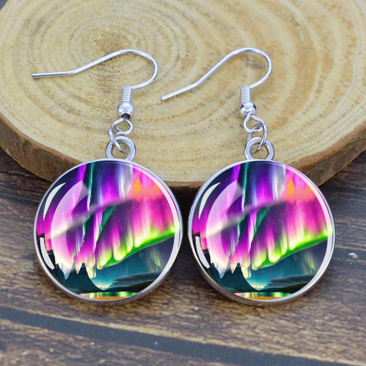 Orecchini pendenti luminosi Aurora Borealis - Gioielli dell'aurora boreale - Orecchini pendenti cabochon in vetro unici - Regalo perfetto per gli amanti dell'Aurora