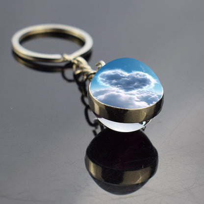 Unique Blue Heart Shape Clouds Keyring - Dreamy Sky Cotton Candy Cloud Jewelry - Double Side Glass Ball Key Chain - Perfect Aurora Lovers Gift 5