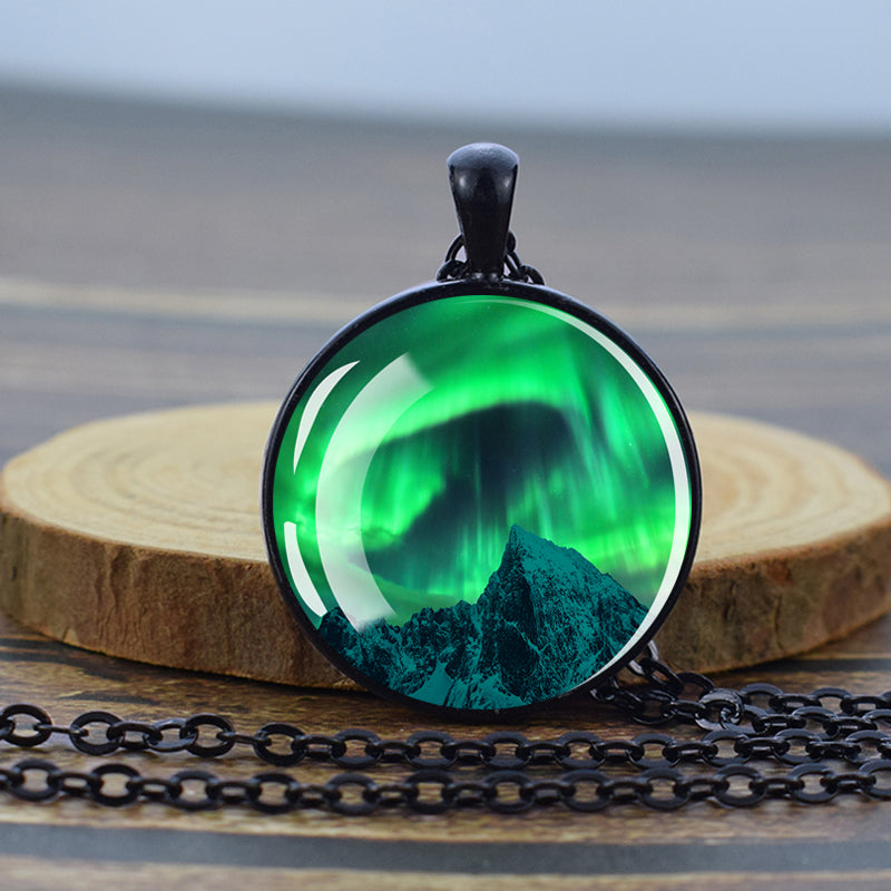 Luminous Aurora Borealis Black Necklace - Northern Light Jewelry - Unique Glass Dome Pendent Necklace - Perfect Aurora Lovers Gift