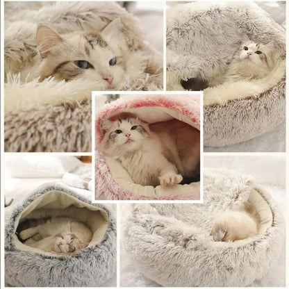 Cozy Haven: 2-in-1 Soft Plush Pet Bed with Round Cover – Warm Sleeping Nest and Cave for Small Dogs and Cats