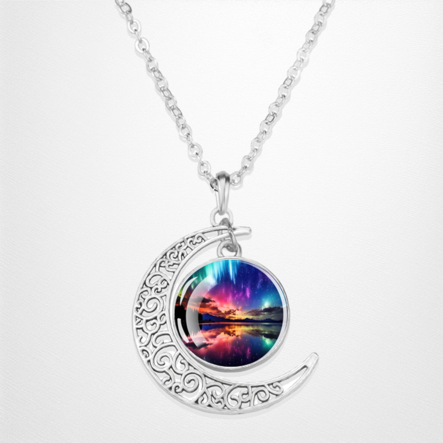 Luminous Aurora Borealis Crescent Necklace- Northern Light Jewelry - Unique Crescent Glass Cabochon Pendent Necklace - Perfect Aurora Lovers Gift