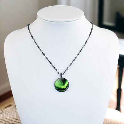 Luminous Aurora Borealis Black Necklace - Northern Light Jewelry - Unique Glass Dome Pendent Necklace - Perfect Aurora Lovers Gift