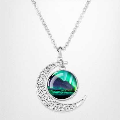 Luminous Aurora Borealis Crescent Necklace- Northern Light Jewelry - Unique Crescent Glass Cabochon Pendent Necklace - Perfect Aurora Lovers Gift