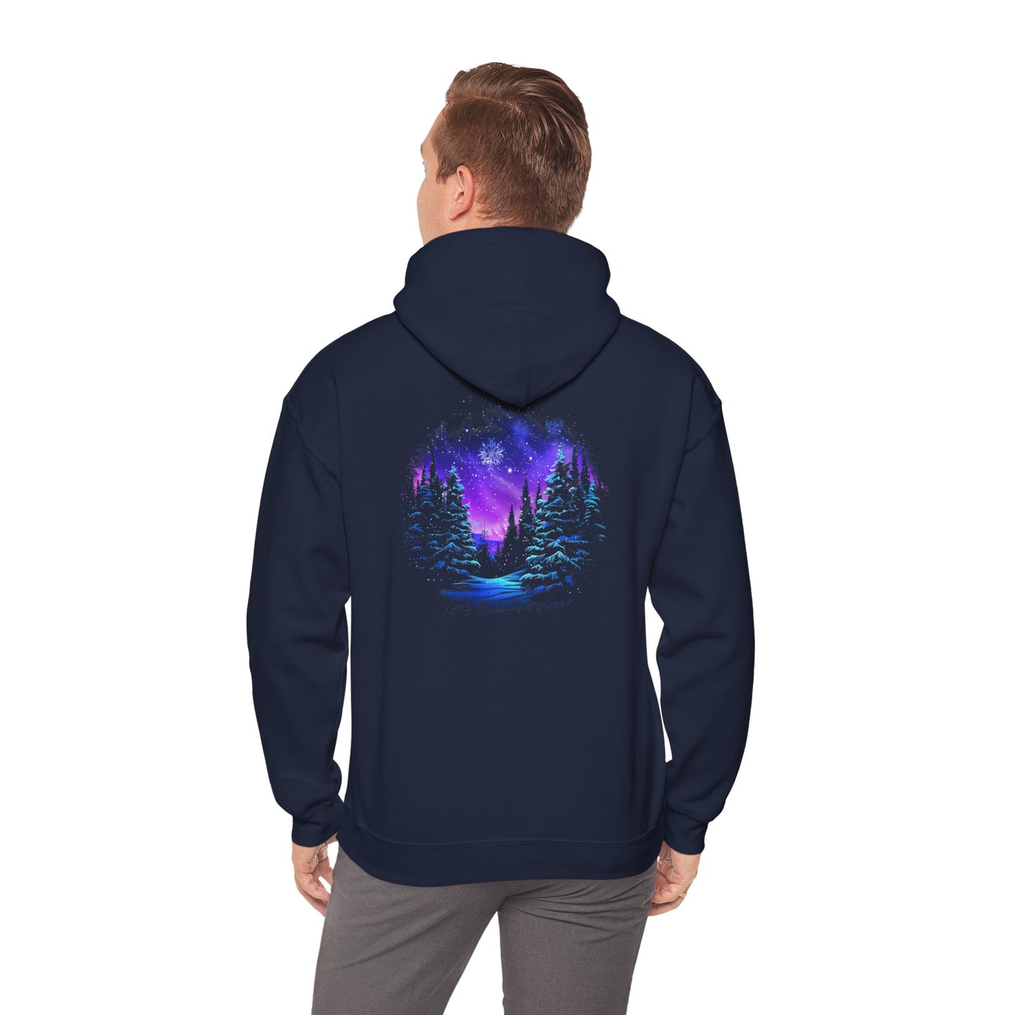 Aurora Borealis Unisex Heavy Blend™ Hooded Sweatshirt (Back design) - Northern Lights Arctic Magical Night Starry Sky Forest Tree Snow Snowflake Nature Adventure - Autumn Fall T-shirt - Aurora Gift