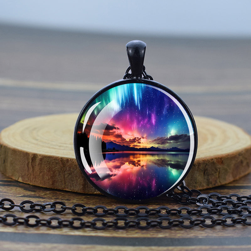 Luminous Aurora Borealis Black Necklace - Northern Light Jewelry - Unique Glass Dome Pendent Necklace - Perfect Aurora Lovers Gift