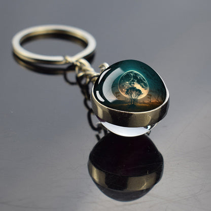 Unique Full Crescent Moon Keyring - Night Starry Sky Jewelry - Double Side Glass Ball Key Chain - Perfect Moon Lovers Gift 2