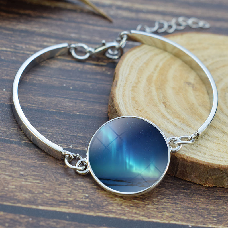 Unique Aurora Borealis Bangle Bracelet - Northern Light Jewelry - Glass Cabochon Silver Plated Bracelet - Perfect Aurora Lovers Gift 31