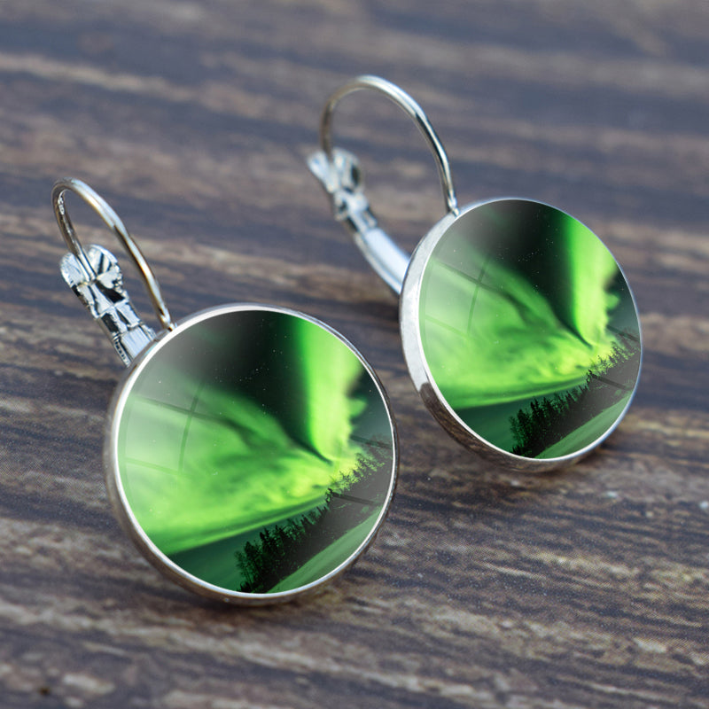 Luminous Aurora Borealis Hook Earrings - Northern Lights Jewelry - Unique Glass Cabochon Drop Earrings - Perfect Aurora Lovers Gift