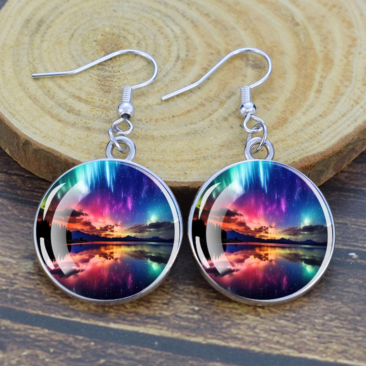 Pendientes colgantes luminosos de aurora boreal - Joyería de aurora boreal - Pendientes colgantes de cabujón de vidrio únicos - Regalo perfecto para los amantes de la aurora