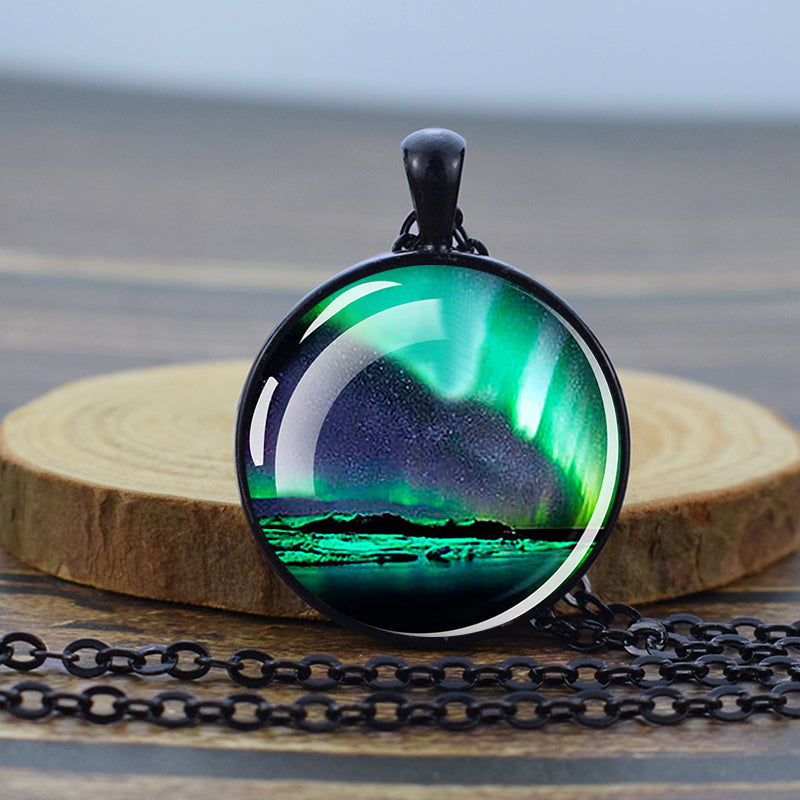 Luminous Aurora Borealis Black Necklace - Northern Light Jewelry - Unique Glass Dome Pendent Necklace - Perfect Aurora Lovers Gift