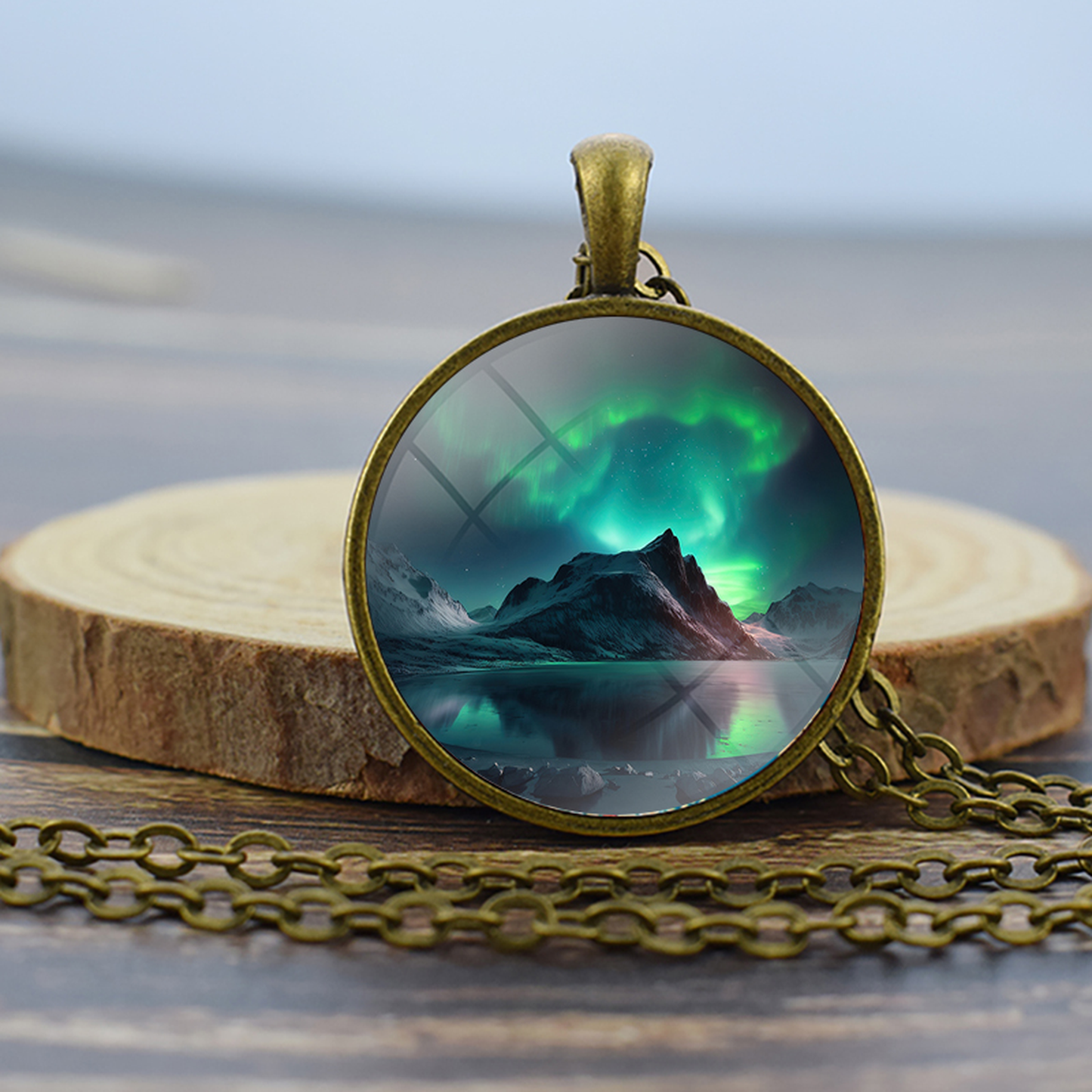Unique Aurora Borealis Bronze Necklace - Northern Light Jewelry - Glass Dome Pendent Necklace - Perfect Aurora Lovers Gift 6