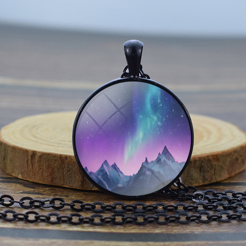 Luminous Aurora Borealis Black Necklace - Northern Light Jewelry - Unique Glass Dome Pendent Necklace - Perfect Aurora Lovers Gift